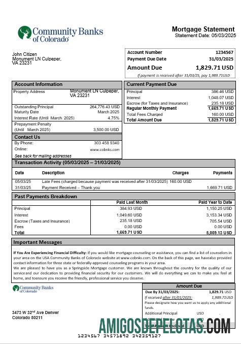 Declaração de hipoteca bancária dos bancos comunitários dos EUA do Colorado em formatos Word e PDF exemplo real